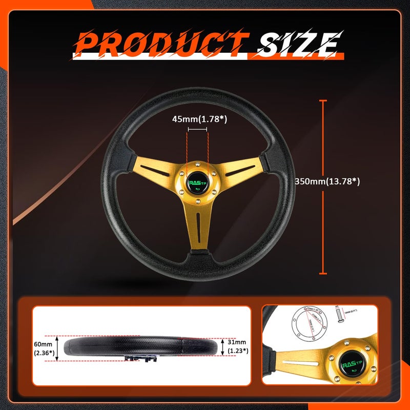 RASTP Universal Racing Steering Wheel 13.8â€/350mm 6 Bolts Grip Vinyl Leather & Aluminum with Horn Button for Car -Gold - Image 5